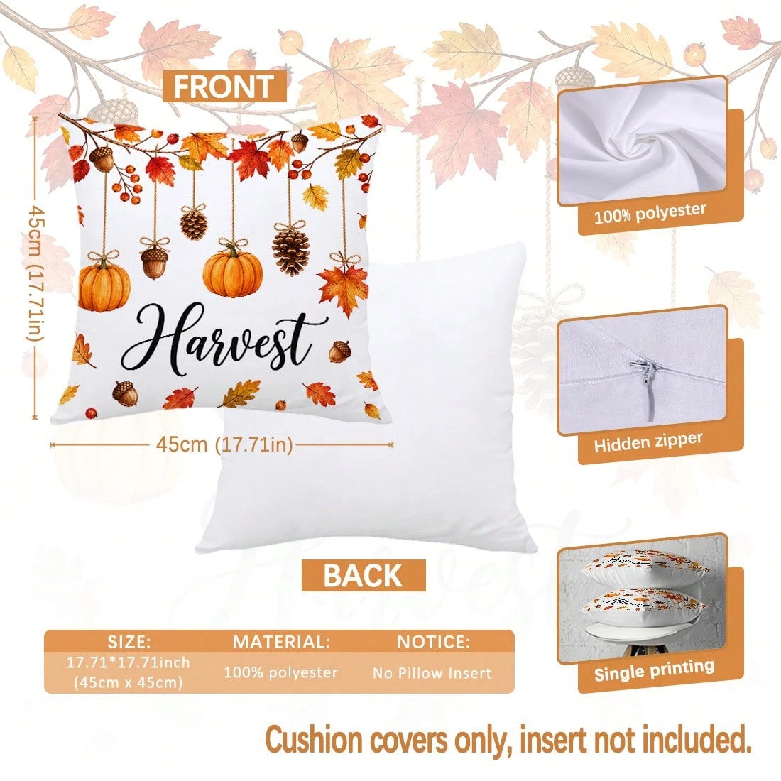 MEMNUN 4pcs Autumn Hanging Pumpkin Pinecone Maple Leaf Print Pillow Covers [Pillow Insert Not Included] 45*45cm/50*50cm [Single-Sided Print] Made Of Polyester Material Happy Autumn Hello Pumpkin Red R