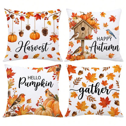 MEMNUN 4pcs Autumn Hanging Pumpkin Pinecone Maple Leaf Print Pillow Covers [Pillow Insert Not Included] 45*45cm/50*50cm [Single-Sided Print] Made Of Polyester Material Happy Autumn Hello Pumpkin Red R