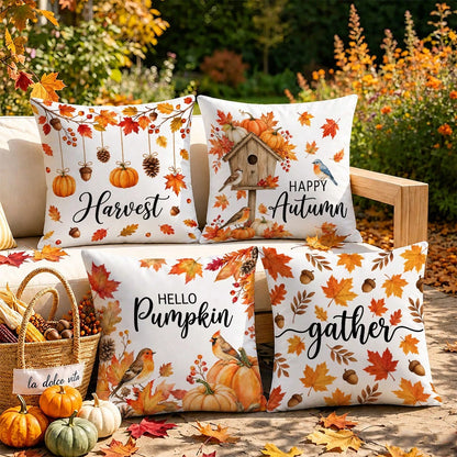 MEMNUN 4pcs Autumn Hanging Pumpkin Pinecone Maple Leaf Print Pillow Covers [Pillow Insert Not Included] 45*45cm/50*50cm [Single-Sided Print] Made Of Polyester Material Happy Autumn Hello Pumpkin Red R