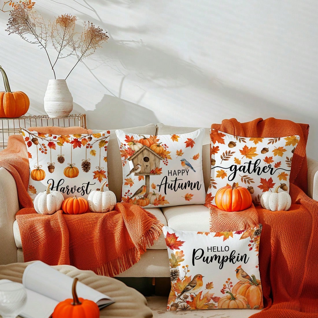 MEMNUN 4pcs Autumn Hanging Pumpkin Pinecone Maple Leaf Print Pillow Covers [Pillow Insert Not Included] 45*45cm/50*50cm [Single-Sided Print] Made Of Polyester Material Happy Autumn Hello Pumpkin Red R