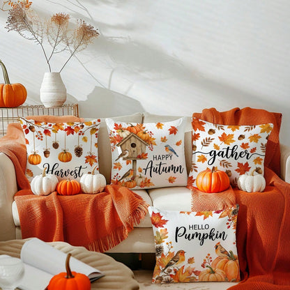 MEMNUN 4pcs Autumn Hanging Pumpkin Pinecone Maple Leaf Print Pillow Covers [Pillow Insert Not Included] 45*45cm/50*50cm [Single-Sided Print] Made Of Polyester Material Happy Autumn Hello Pumpkin Red R