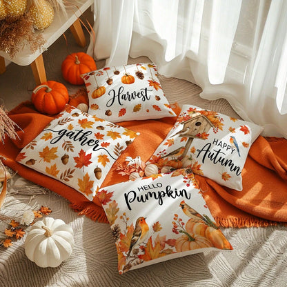 MEMNUN 4pcs Autumn Hanging Pumpkin Pinecone Maple Leaf Print Pillow Covers [Pillow Insert Not Included] 45*45cm/50*50cm [Single-Sided Print] Made Of Polyester Material Happy Autumn Hello Pumpkin Red R