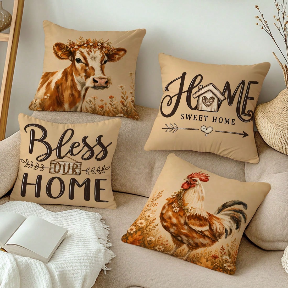 MEMNUN 4pcs Farmhouse Country Watercolor Floral Wreath Cow & Rooster Print Pillow Covers [No Pillow Insert] 40*40cm/45*45cm/50*50cm [Single-Sided Printing] Made Of Polyester Material Home Sweet Home &