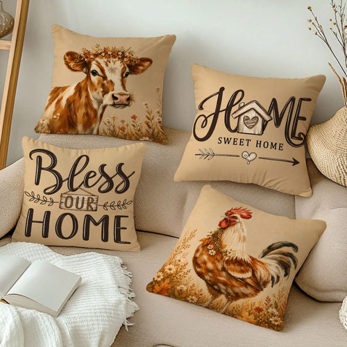 MEMNUN 4pcs Farmhouse Country Watercolor Floral Wreath Cow & Rooster Print Pillow Covers [No Pillow Insert] 40*40cm/45*45cm/50*50cm [Single-Sided Printing] Made Of Polyester Material Home Sweet Home &