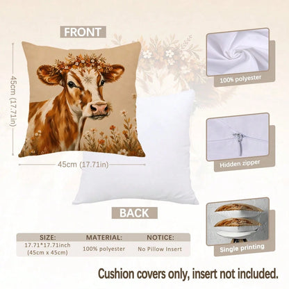 MEMNUN 4pcs Farmhouse Country Watercolor Floral Wreath Cow & Rooster Print Pillow Covers [No Pillow Insert] 40*40cm/45*45cm/50*50cm [Single-Sided Printing] Made Of Polyester Material Home Sweet Home &