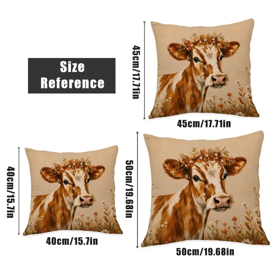 MEMNUN 4pcs Farmhouse Country Watercolor Floral Wreath Cow & Rooster Print Pillow Covers [No Pillow Insert] 40*40cm/45*45cm/50*50cm [Single-Sided Printing] Made Of Polyester Material Home Sweet Home &