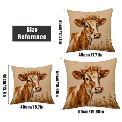MEMNUN 4pcs Farmhouse Country Watercolor Floral Wreath Cow & Rooster Print Pillow Covers [No Pillow Insert] 40*40cm/45*45cm/50*50cm [Single-Sided Printing] Made Of Polyester Material Home Sweet Home &