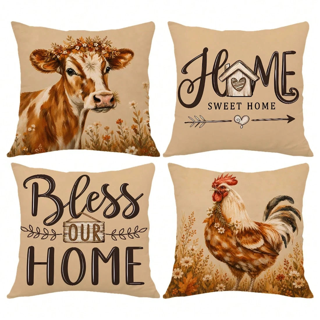 MEMNUN 4pcs Farmhouse Country Watercolor Floral Wreath Cow & Rooster Print Pillow Covers [No Pillow Insert] 40*40cm/45*45cm/50*50cm [Single-Sided Printing] Made Of Polyester Material Home Sweet Home &