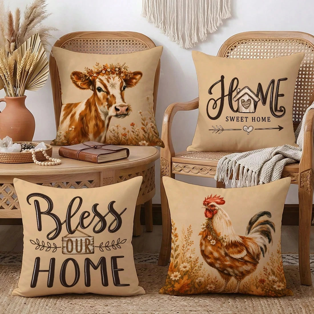 MEMNUN 4pcs Farmhouse Country Watercolor Floral Wreath Cow & Rooster Print Pillow Covers [No Pillow Insert] 40*40cm/45*45cm/50*50cm [Single-Sided Printing] Made Of Polyester Material Home Sweet Home &