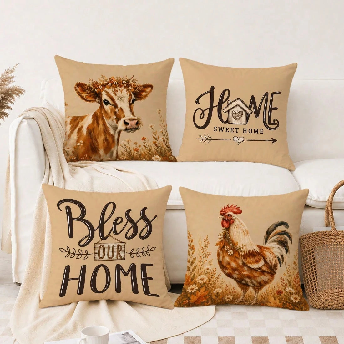 MEMNUN 4pcs Farmhouse Country Watercolor Floral Wreath Cow & Rooster Print Pillow Covers [No Pillow Insert] 40*40cm/45*45cm/50*50cm [Single-Sided Printing] Made Of Polyester Material Home Sweet Home &