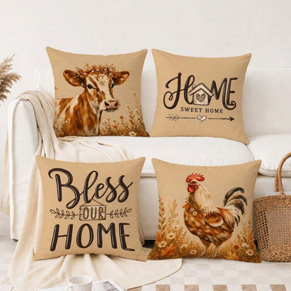 MEMNUN 4pcs Farmhouse Country Watercolor Floral Wreath Cow & Rooster Print Pillow Covers [No Pillow Insert] 40*40cm/45*45cm/50*50cm [Single-Sided Printing] Made Of Polyester Material Home Sweet Home &