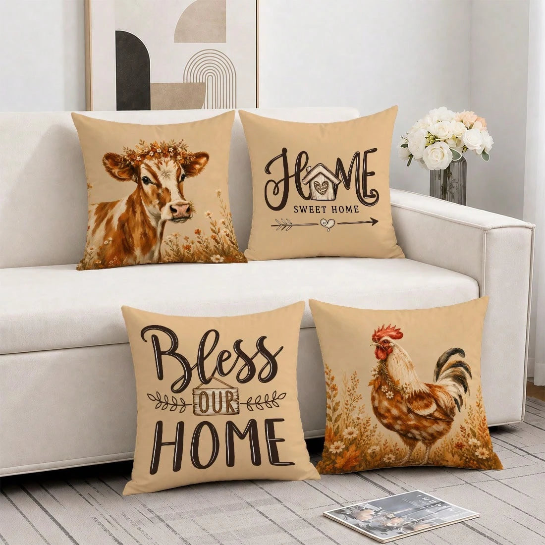 MEMNUN 4pcs Farmhouse Country Watercolor Floral Wreath Cow & Rooster Print Pillow Covers [No Pillow Insert] 40*40cm/45*45cm/50*50cm [Single-Sided Printing] Made Of Polyester Material Home Sweet Home &