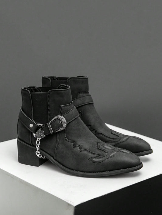 Men' S Black Vintage Pointed Cowboy Boots Fashion Western Personality Belt Buckle Thick Heel Slip-On Boots British Style Business Casual Shoes
