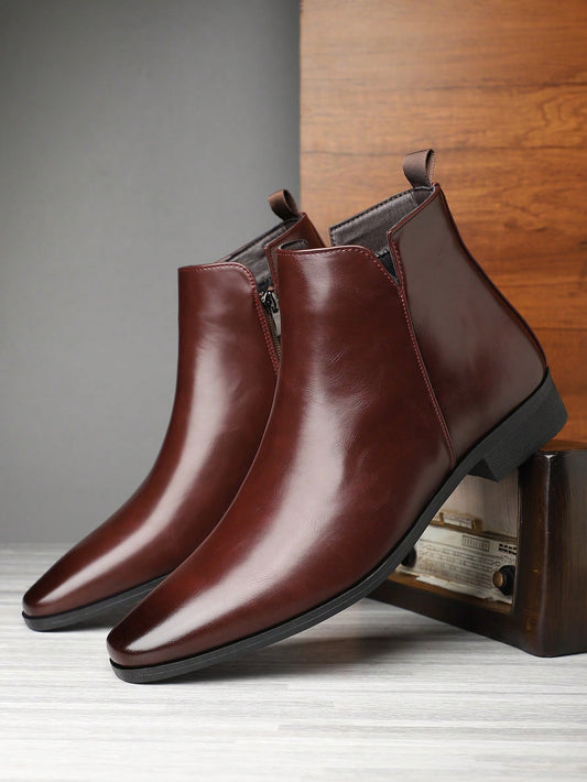 Men's British Korean Style Pointed Toe High-Top Anti-Slip Wear-Resistant Ankle Boots Fashion Versatile Height-Increasing Chelsea Boots (Runs Large)