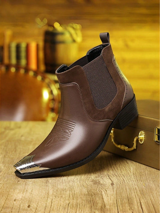Men's Chelsea Ankle Boots Western Cowboy Faux Leather Metal Pointed Toe Embroidered Elastic Side Slip On For Casual Daily Party Wedding Business Work