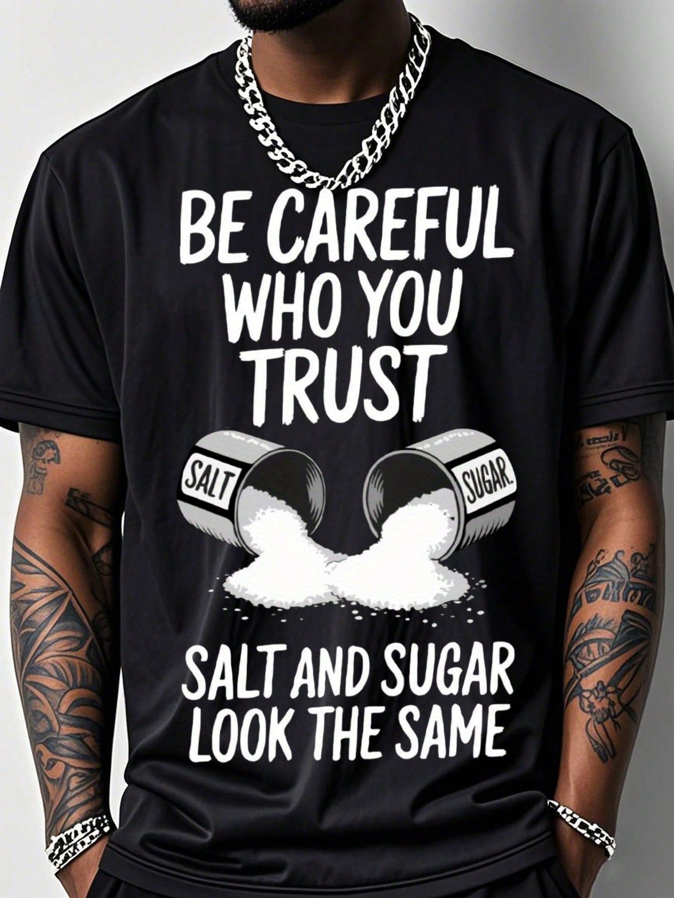 Men's Fun Fitness T-Shirt With Salt And Sugar Trust Pattern Print Loose Fit Breathable Short-Salt Bottle Design Clothing, Suitable For Salt Lovers