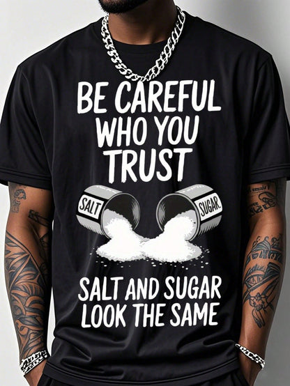 Men's Fun Fitness T-Shirt With Salt And Sugar Trust Pattern Print Loose Fit Breathable Short-Salt Bottle Design Clothing, Suitable For Salt Lovers