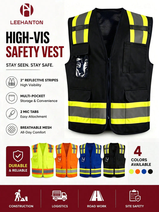 Men's High-Vis Reflective Safety Vest Workwear- Zipper Front Multi Pockets Lightweight Hi Vis Vest For Construction & Outdoor Work