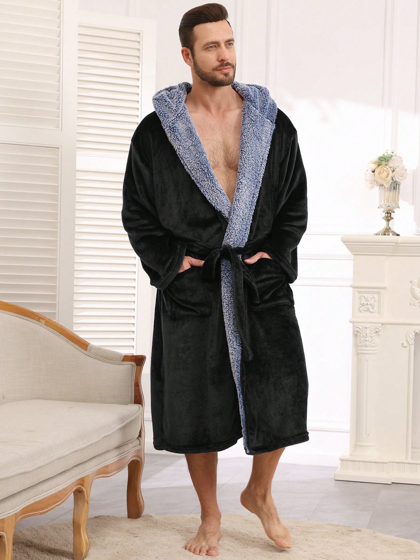 Men's Hooded Fleece Robe Plush Flannel Bathrobe With Pockets Winter Loungewear/Sleepwear