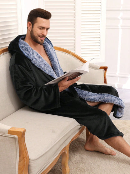 Men's Hooded Fleece Robe Plush Flannel Bathrobe With Pockets Winter Loungewear/Sleepwear