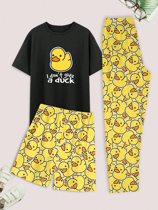 Men's Pajamas Set, Summer Round Neck Solid Color Cute Cartoon Duck Print, Comfortable Short Sleeve Shorts & Long Pants Loungewear