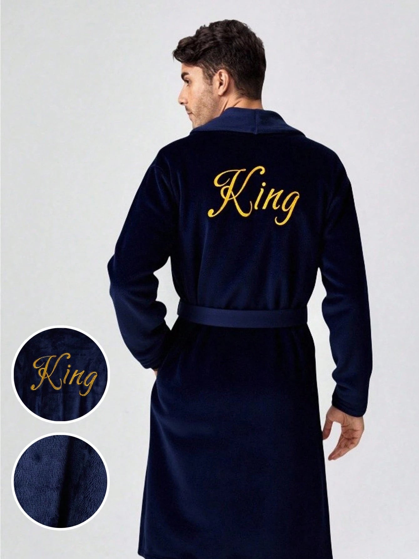 Men's Plush Flannel Bathrobe,Luxury Navy Blue Winter Robe With Embroidered King Text,Casual Home Lounge Long Sleeve Shawl Collar Drop Shoulder Robe