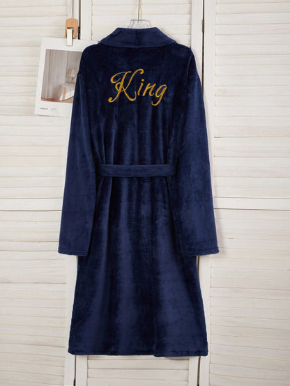 Men's Plush Flannel Bathrobe,Luxury Navy Blue Winter Robe With Embroidered King Text,Casual Home Lounge Long Sleeve Shawl Collar Drop Shoulder Robe