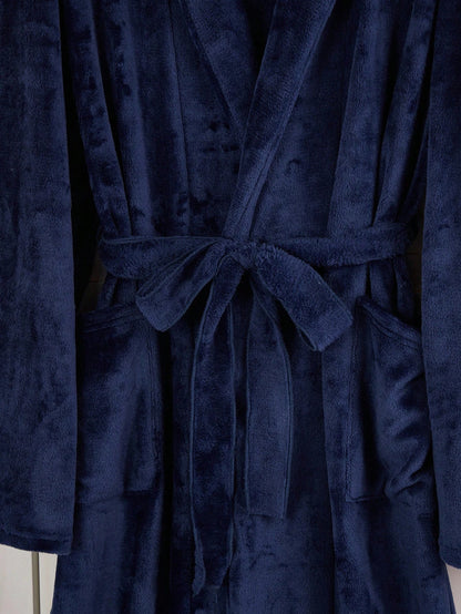 Men's Plush Flannel Bathrobe,Luxury Navy Blue Winter Robe With Embroidered King Text,Casual Home Lounge Long Sleeve Shawl Collar Drop Shoulder Robe