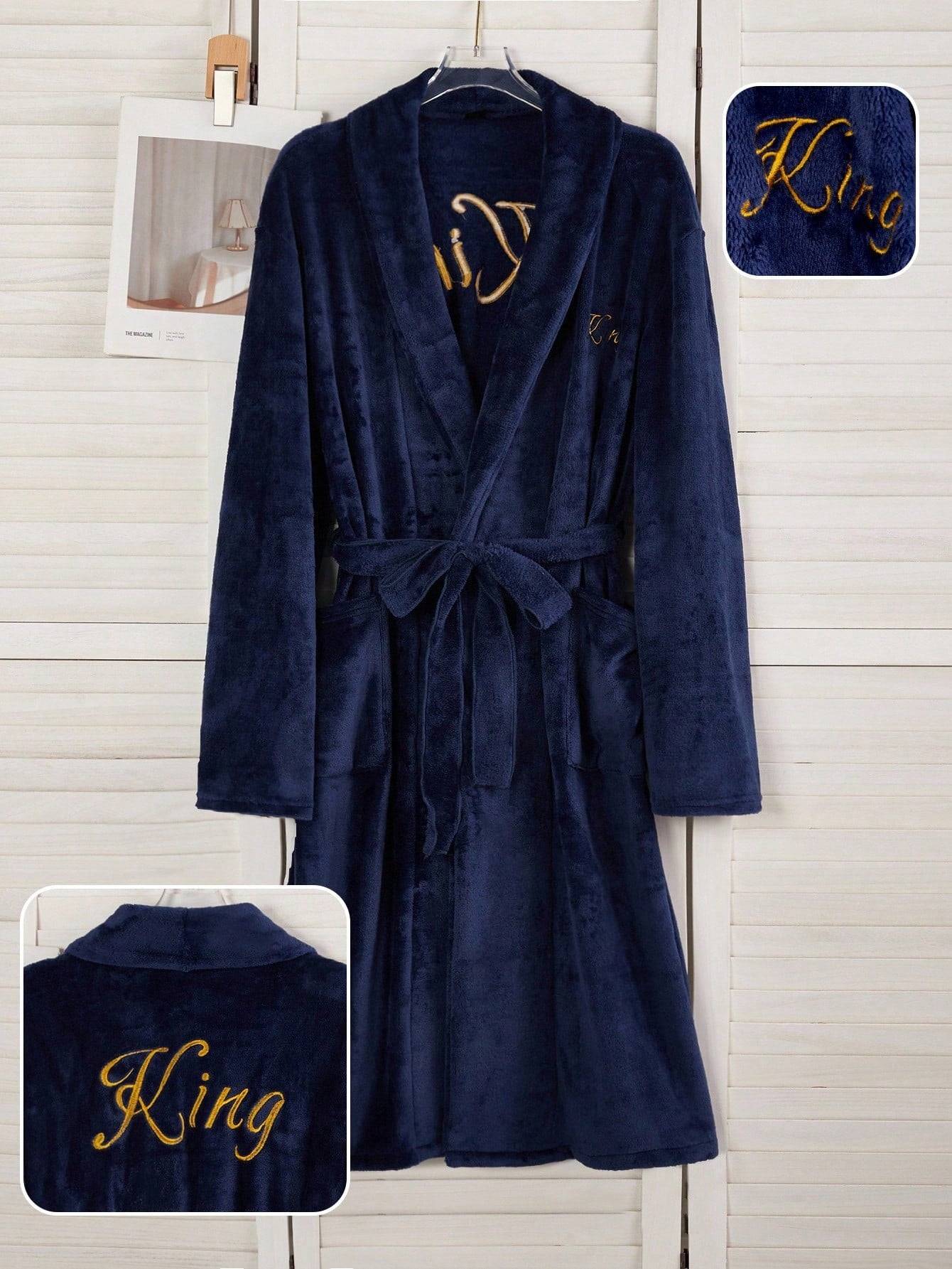 Men's Plush Flannel Bathrobe,Luxury Navy Blue Winter Robe With Embroidered King Text,Casual Home Lounge Long Sleeve Shawl Collar Drop Shoulder Robe