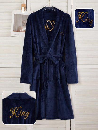 Men's Plush Flannel Bathrobe,Luxury Navy Blue Winter Robe With Embroidered King Text,Casual Home Lounge Long Sleeve Shawl Collar Drop Shoulder Robe