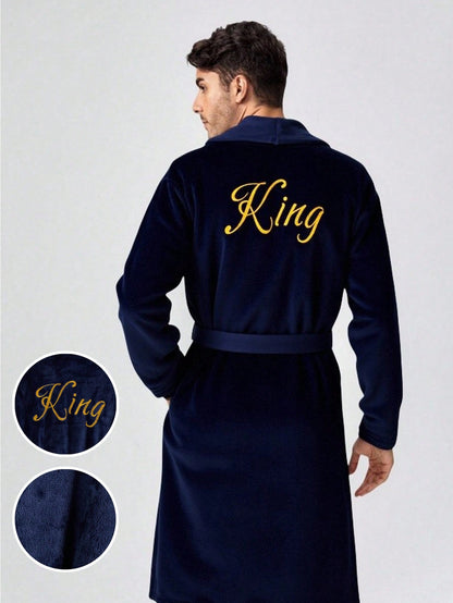 Men's Plush Flannel Bathrobe,Luxury Navy Blue Winter Robe With Embroidered King Text,Casual Home Lounge Long Sleeve Shawl Collar Drop Shoulder Robe