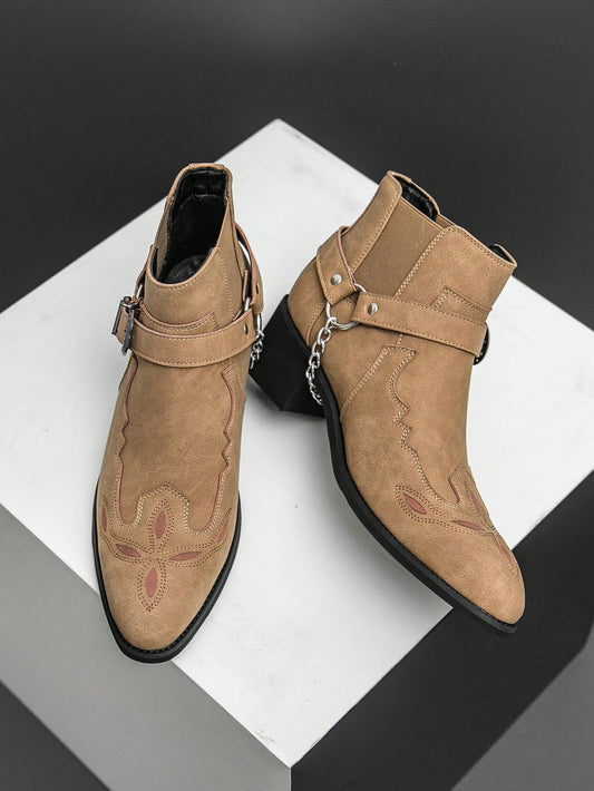 Men's Retro Chelsea Boots With Chain Decor, Suede Motorcycle Ankle Boots