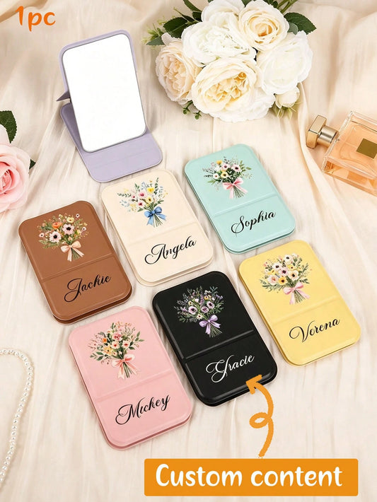 MerexSync Personalized Square Makeup Mirror, Customizable Name And Logo Pocket Mirror, Bridesmaid, Best Friend, Mother's Day Gift, Folding Makeup Mirror, Floral Travel Makeup Mirror, Birthday Flower M