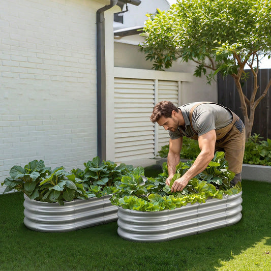Metal Raised Garden Bed, 4 X 2 X 1 Ft Oval Outdoor Galvanized Planter Garden Box, Open Bottom Design, Large Planter Raised Bed For Growing Vegetables, Flowers, And Succulents, Galvanized Color