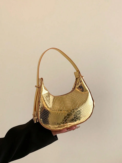 Metal Snake Embossed Shoulder Bag Solid Color C Fashionable Baguette Bag Minimalist Underarm Bag Punk Street Style Shoulder Bag, Punk
