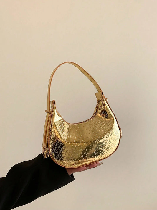 Metal Snake Embossed Shoulder Bag Solid Color C Fashionable Baguette Bag Minimalist Underarm Bag Punk Street Style Shoulder Bag, Punk
