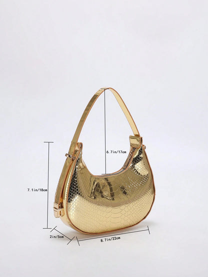 Metal Snake Embossed Shoulder Bag Solid Color C Fashionable Baguette Bag Minimalist Underarm Bag Punk Street Style Shoulder Bag, Punk