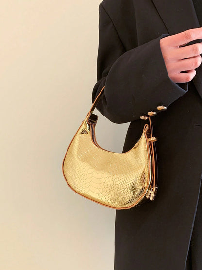 Metal Snake Embossed Shoulder Bag Solid Color C Fashionable Baguette Bag Minimalist Underarm Bag Punk Street Style Shoulder Bag, Punk