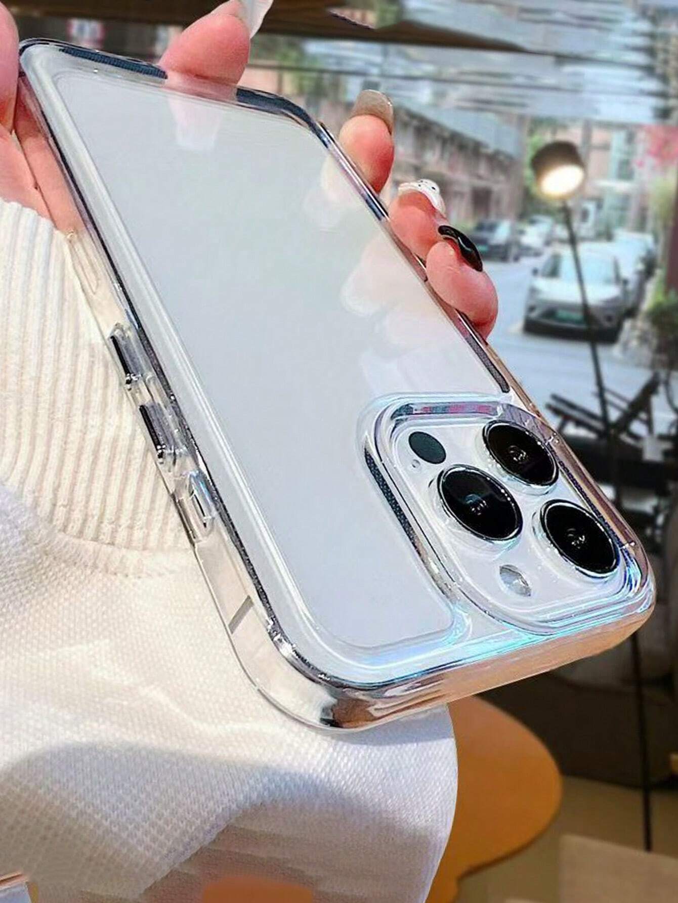 Metallic Style Fashion Solid Color Alloy Transparent Clear Metallic Silver Camera Frame Shockproof Phone Case Compatible With IPhone15/15Pro/7G/8G/7PLUS/8PLUS/X/XS/XR/XS MAX/11PRO/IPhone11/11PRO MAX/I