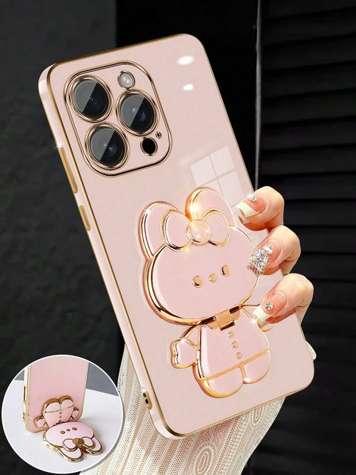 MewTrek Luxury Electroplated Phone Case With Creative Cute Cat Stand And Built-In Makeup Mirror, Fashionable Silicone Material, Shock-Proof, Compatible With Iphone 16/15/14/13/12/11/X/XS/XR/8/7 Plus/P