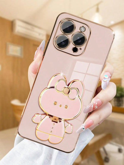 MewTrek Luxury Electroplated Phone Case With Creative Cute Cat Stand And Built-In Makeup Mirror, Fashionable Silicone Material, Shock-Proof, Compatible With Iphone 16/15/14/13/12/11/X/XS/XR/8/7 Plus/P