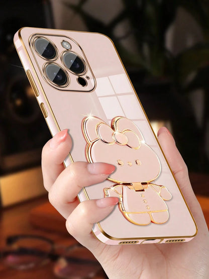 MewTrek Luxury Electroplated Phone Case With Creative Cute Cat Stand And Built-In Makeup Mirror, Fashionable Silicone Material, Shock-Proof, Compatible With Iphone 16/15/14/13/12/11/X/XS/XR/8/7 Plus/P