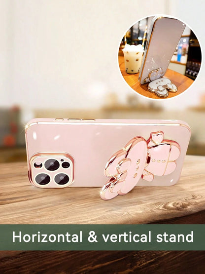 MewTrek Luxury Electroplated Phone Case With Creative Cute Cat Stand And Built-In Makeup Mirror, Fashionable Silicone Material, Shock-Proof, Compatible With Iphone 16/15/14/13/12/11/X/XS/XR/8/7 Plus/P
