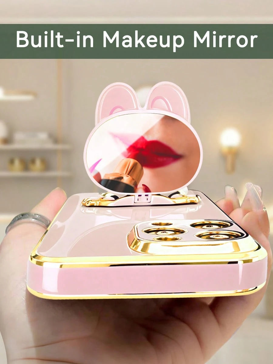 MewTrek Luxury Electroplated Phone Case With Creative Cute Cat Stand And Built-In Makeup Mirror, Fashionable Silicone Material, Shock-Proof, Compatible With Iphone 16/15/14/13/12/11/X/XS/XR/8/7 Plus/P