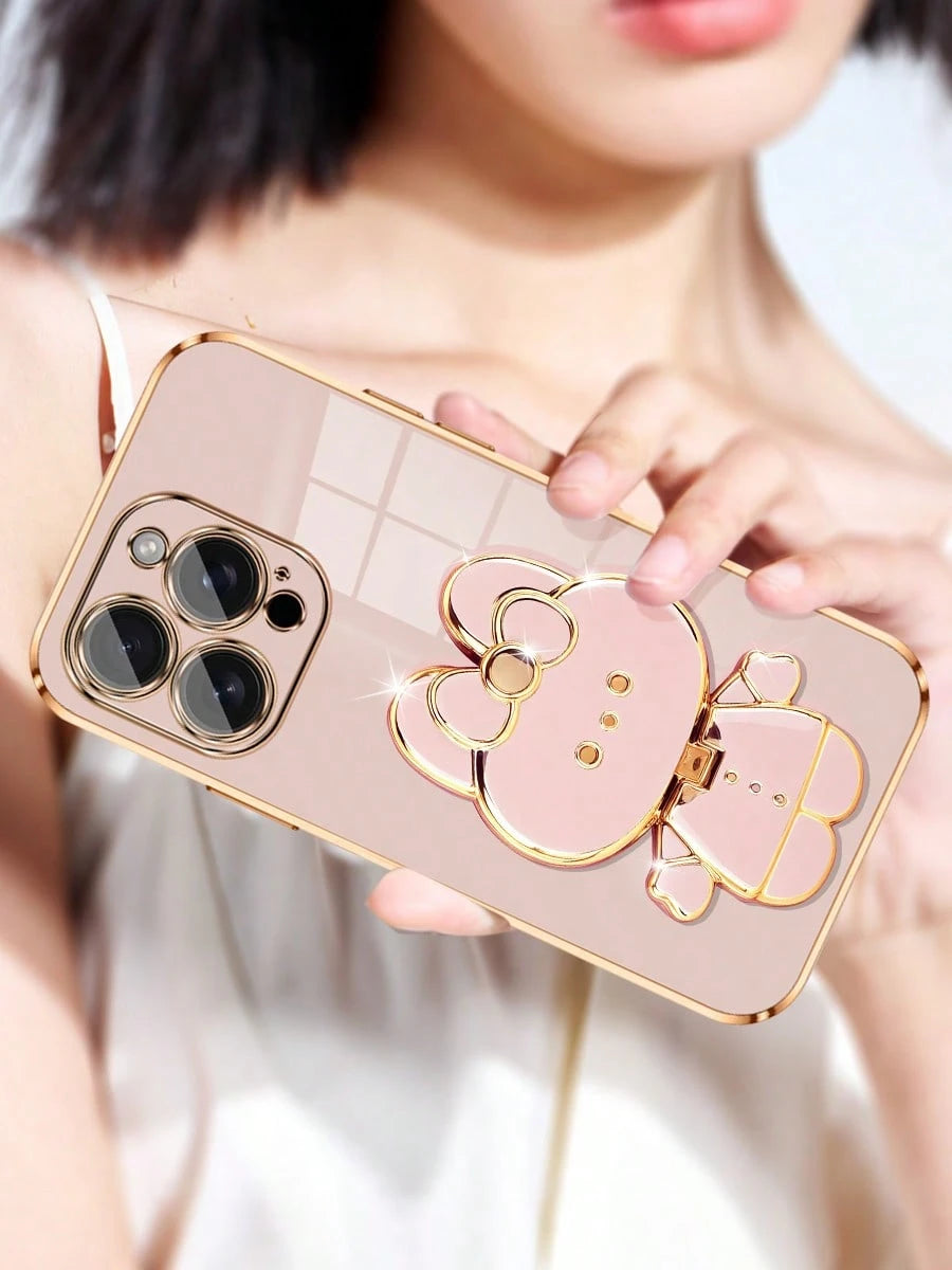 MewTrek Luxury Electroplated Phone Case With Creative Cute Cat Stand And Built-In Makeup Mirror, Fashionable Silicone Material, Shock-Proof, Compatible With Iphone 16/15/14/13/12/11/X/XS/XR/8/7 Plus/P