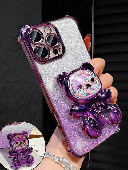 MewTrek Luxury Electroplated Transparent Phone Case, Creative Cute Bear Holder, Sparkling Y2K Style, New Summer Fashion Silicone Shock-Proof Soft Cover, Compatible With Iphone 16/16e/15/14/13/12/11/X