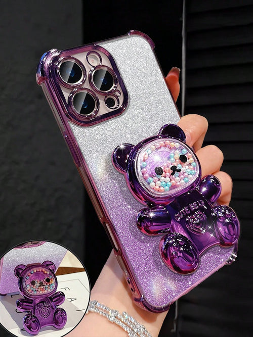 MewTrek Luxury Electroplated Transparent Phone Case, Creative Cute Bear Holder, Sparkling Y2K Style, New Summer Fashion Silicone Shock-Proof Soft Cover, Compatible With Iphone 16/16e/15/14/13/12/11/X