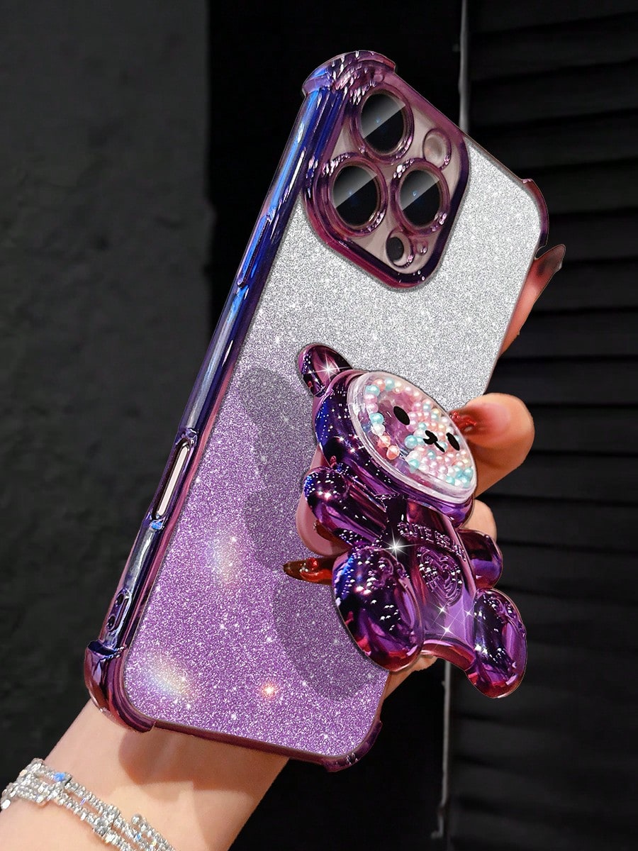 MewTrek Luxury Electroplated Transparent Phone Case, Creative Cute Bear Holder, Sparkling Y2K Style, New Summer Fashion Silicone Shock-Proof Soft Cover, Compatible With Iphone 16/16e/15/14/13/12/11/X