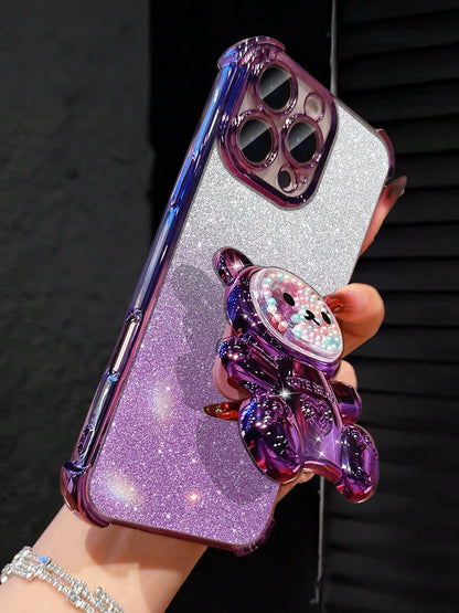 MewTrek Luxury Electroplated Transparent Phone Case, Creative Cute Bear Holder, Sparkling Y2K Style, New Summer Fashion Silicone Shock-Proof Soft Cover, Compatible With Iphone 16/16e/15/14/13/12/11/X