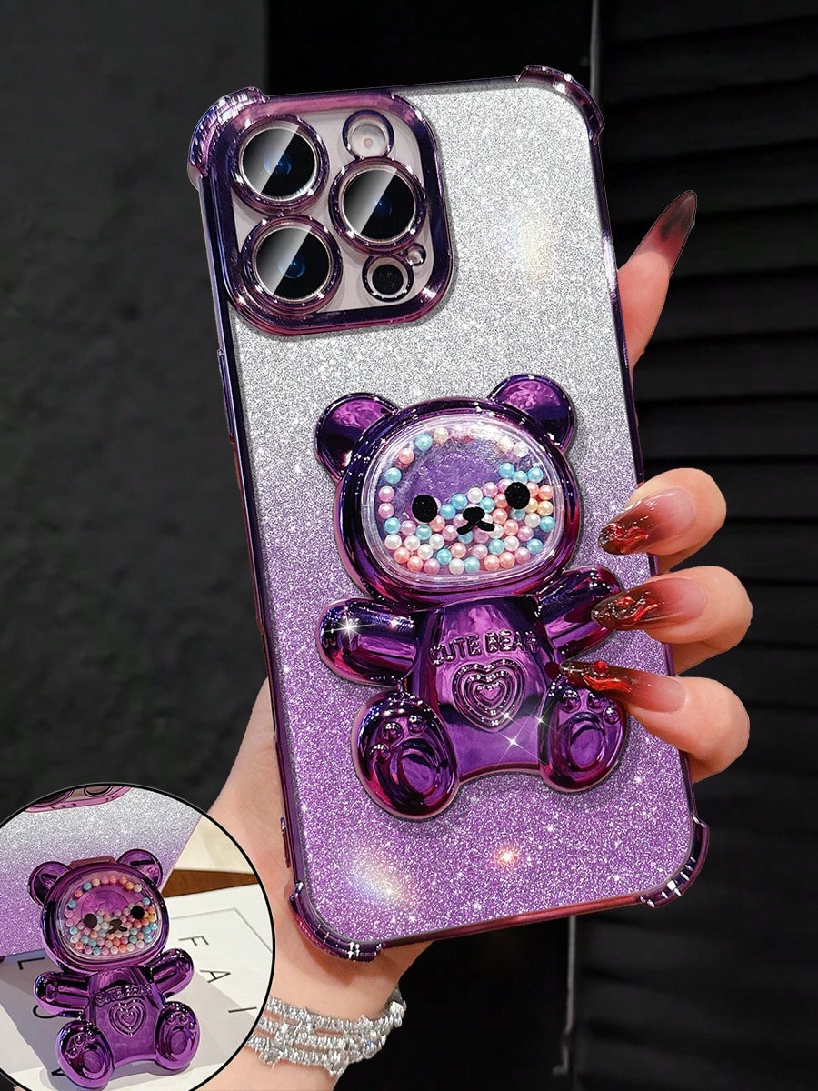 MewTrek Luxury Electroplated Transparent Phone Case, Creative Cute Bear Holder, Sparkling Y2K Style, New Summer Fashion Silicone Shock-Proof Soft Cover, Compatible With Iphone 16/16e/15/14/13/12/11/X